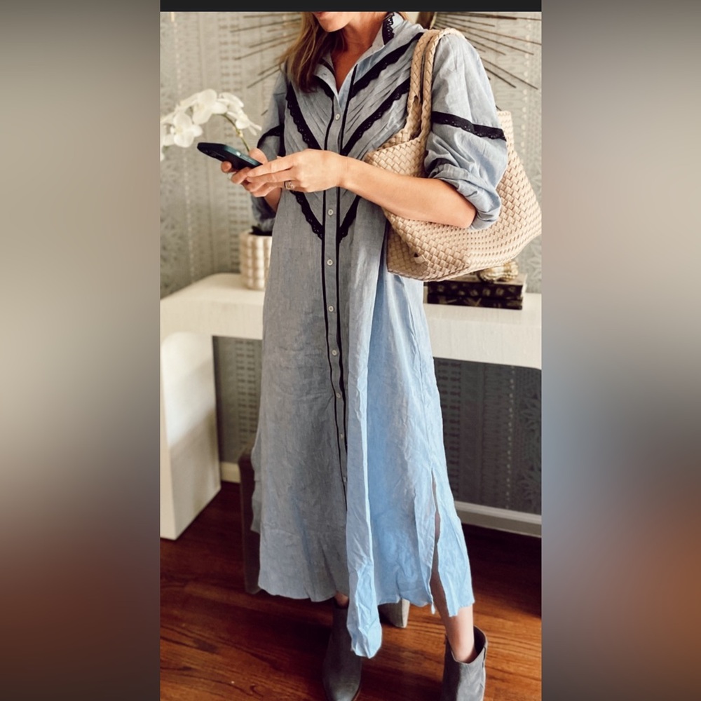 Pomander Place Light Blue Long Button Front Coat Dress with Navy Trim - Picture 6 of 6
